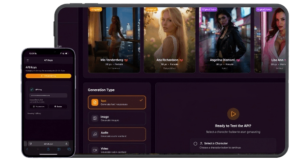 OhAPI Portal showing Digital Twin character selection and content generation interface